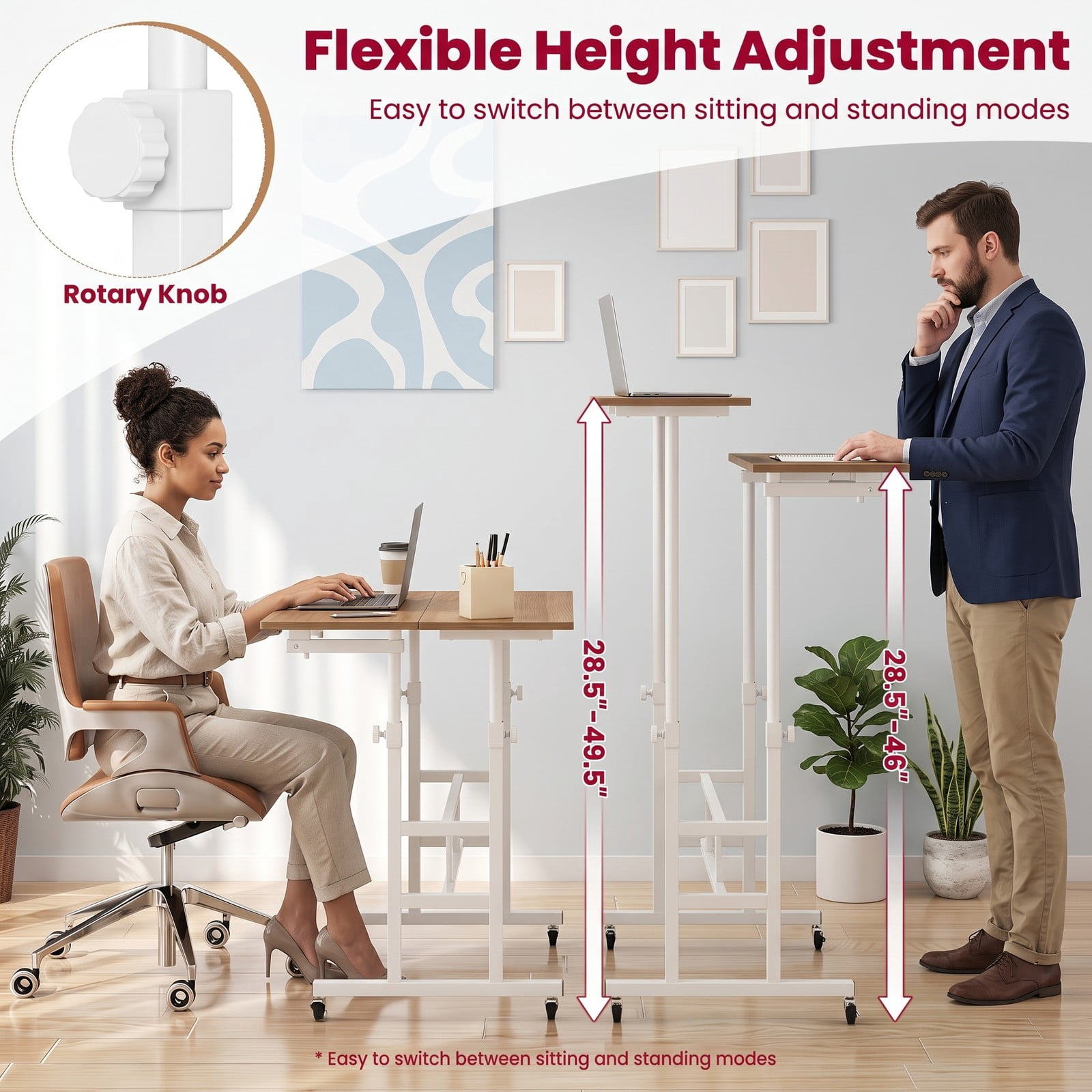 Furnibear Standing Up Desk Adjustable Mobile Computer Workstation with 2 Tilting Desktops, Rolling Sit Stand Table with Charging Station, USB & Type-C Ports, Natural