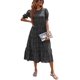 thumbnail image 1 of Vestido PRETTYGARDEN Bohemio Floral Midi con Mangas Abullonadas Cortas Negro S, 1 of 8