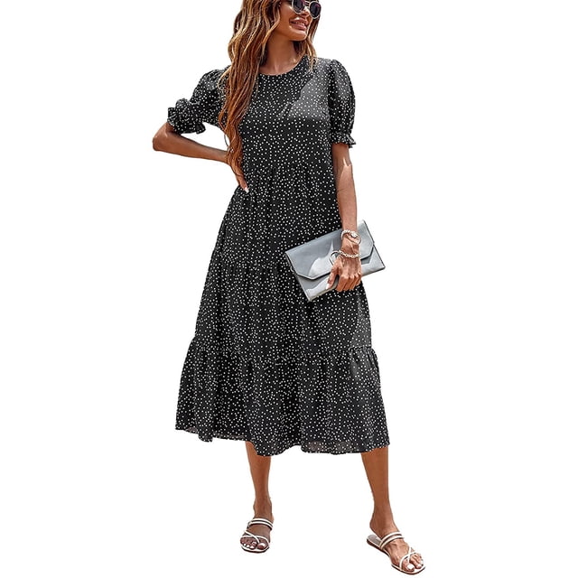 Vestido PRETTYGARDEN Bohemio Floral Midi con Mangas Abullonadas Cortas Negro S
