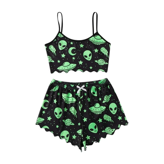 Sakmal Pajama Set Womens Halloween Cute Shorts and Tank Sleeveless Sleepwear Crew Neck Alien Print Pjs Sets for Women