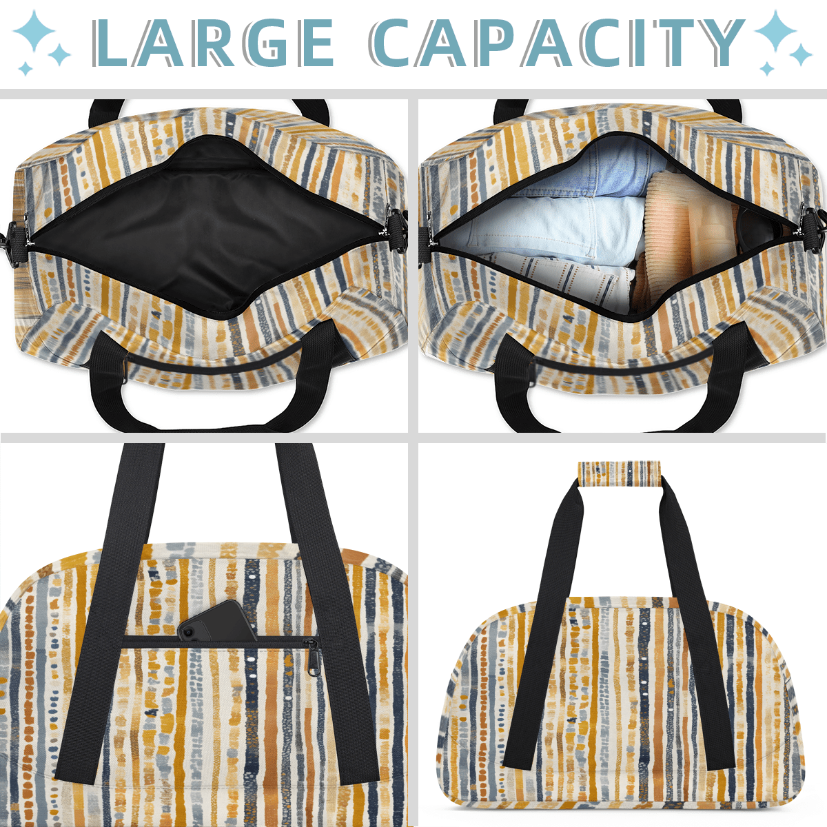 Herdesigns Boho Striped Sports Duffle Bag for Women & Men, Stripe Geometric Gym Bag Dance Bag Overnight Bag Carry On Weekender Travel Bag