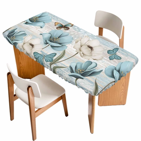 Spring Floral Table Cloths for 4 Foot Rectangle Tables, Vintage Tulips Flower Butterfly Retro Wood Blue Patio Waterproof Elastic Fitted Tablecloths, Washable Rectangular Table Cover for Camping
