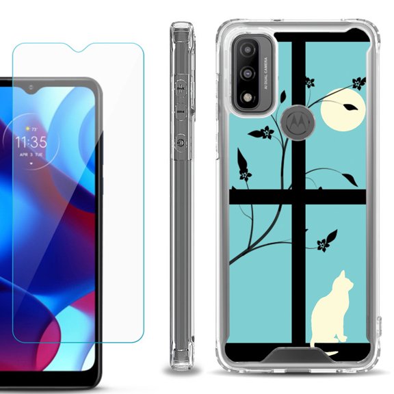 Shockproof Bumper Phone Case for Motorola Moto G Pure, with Tempered Glass Screen Protector, by OneToughShield ® - Moon/Cat