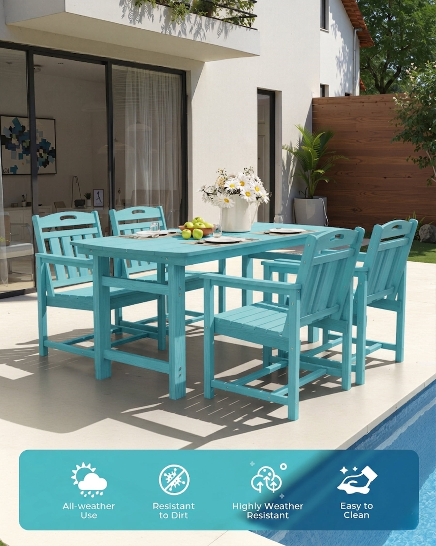 Harbweb 5pc HDPE Outdoor Dining Set, All-Weather Wood Grain Patio Furniture, Aqua
