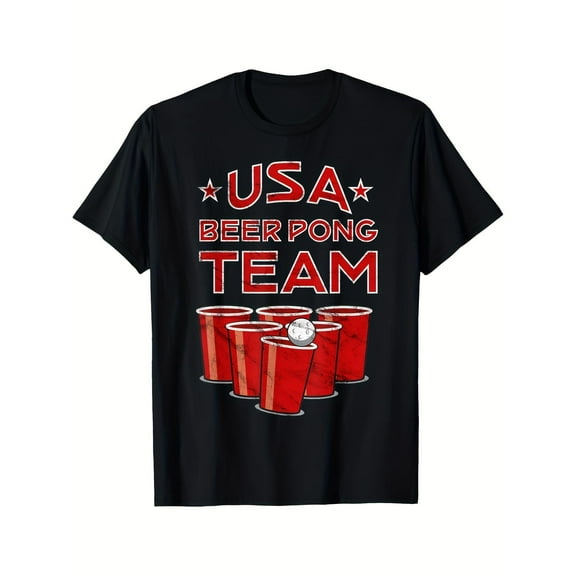 Beer Pong Graphic Tee Party T-Shirt Top, Fashion Casual Short Sleeve Crew Neck Black S-5XL