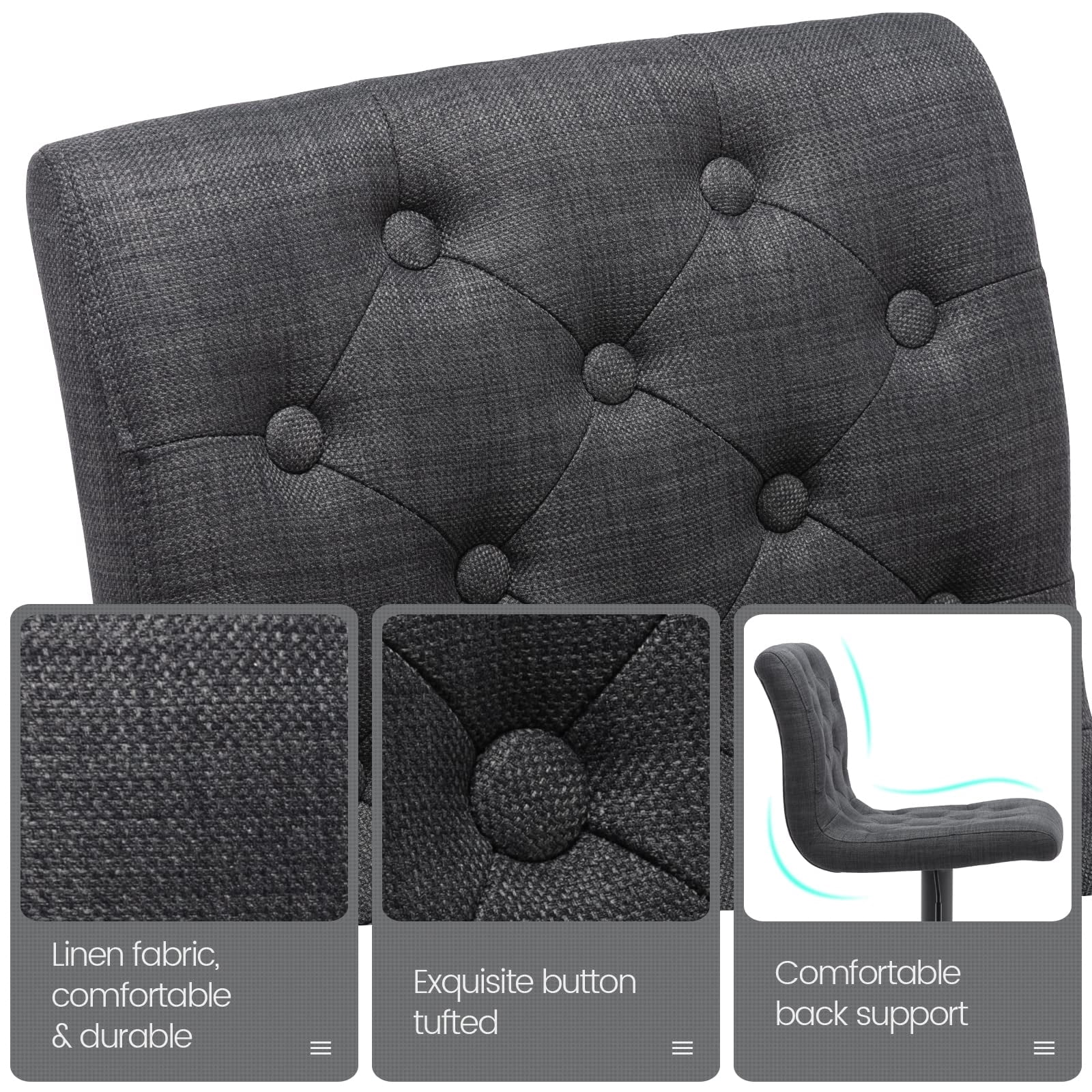 Modern Upholstered Bar Stool with Back Set of 2, Armless 360° Swivel Adjustable Height Linen Padded Bar Chair for Kitchen Island, Dining Room, or Café (Dark Gray)