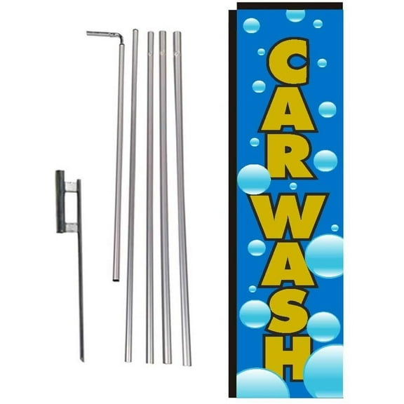 Car Wash Rectangle Feather Banner Flag with Pole Kit and Ground Spike for Car Wash, Auto Detail, and Hand Wash Business Owners, Bubbles