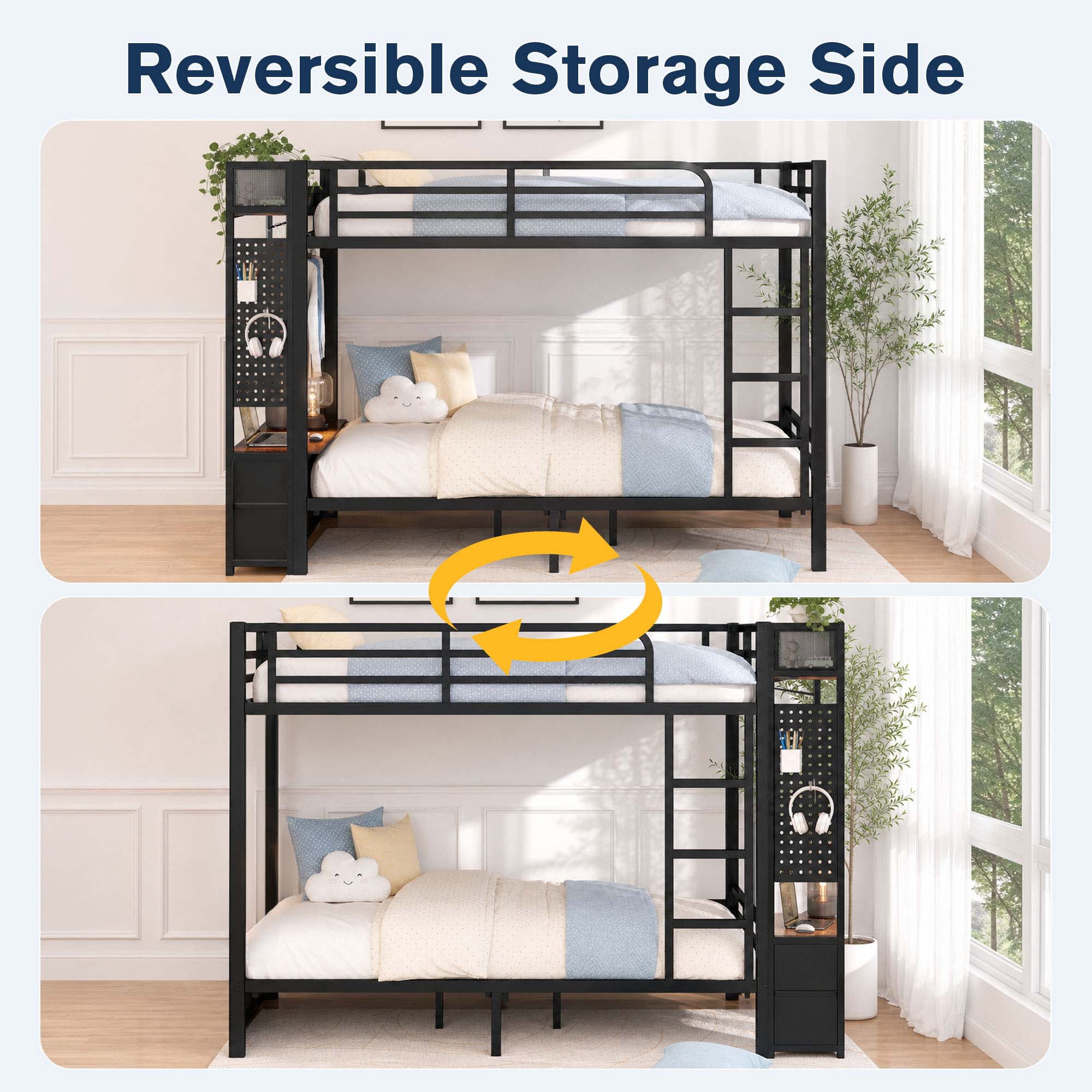 Miniyam Full Over Full Metal Bunk Bed with 6 Storage Drawers, LED Light and Charging Station, Black