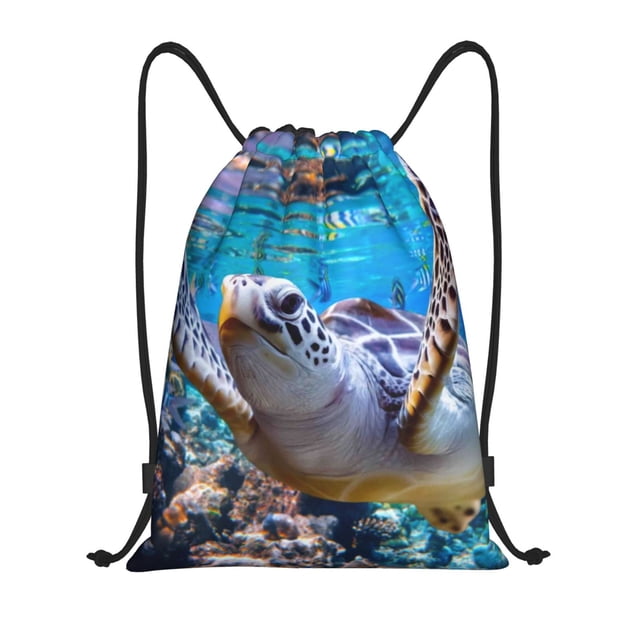Saiise Sea Turtle Swims Pattern Sports Drawstring Backpack - String Swim Gym Bag with Wet Proof Pocket for Women&Men-Medium