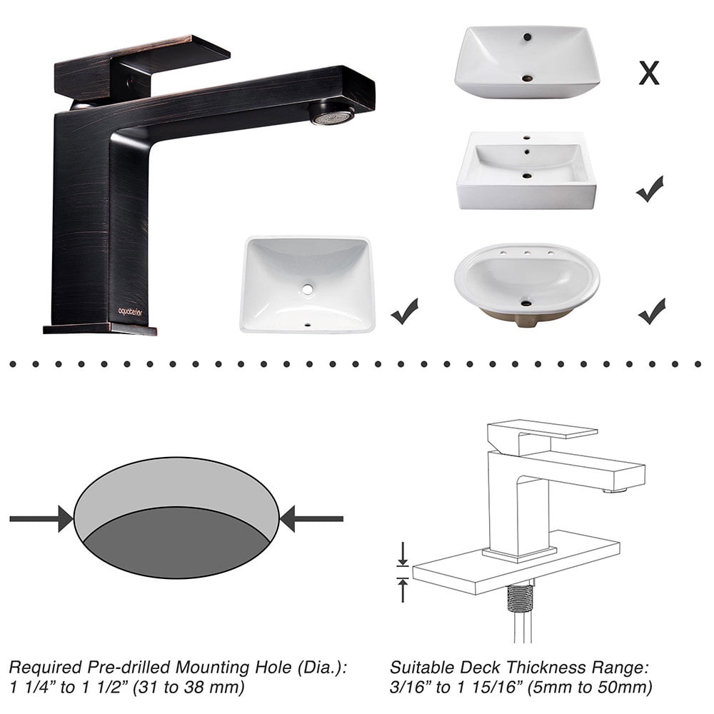 Aquaterior 1 Hole Bathroom Sink Faucet Square Single Handle Cold Hot Water ORB