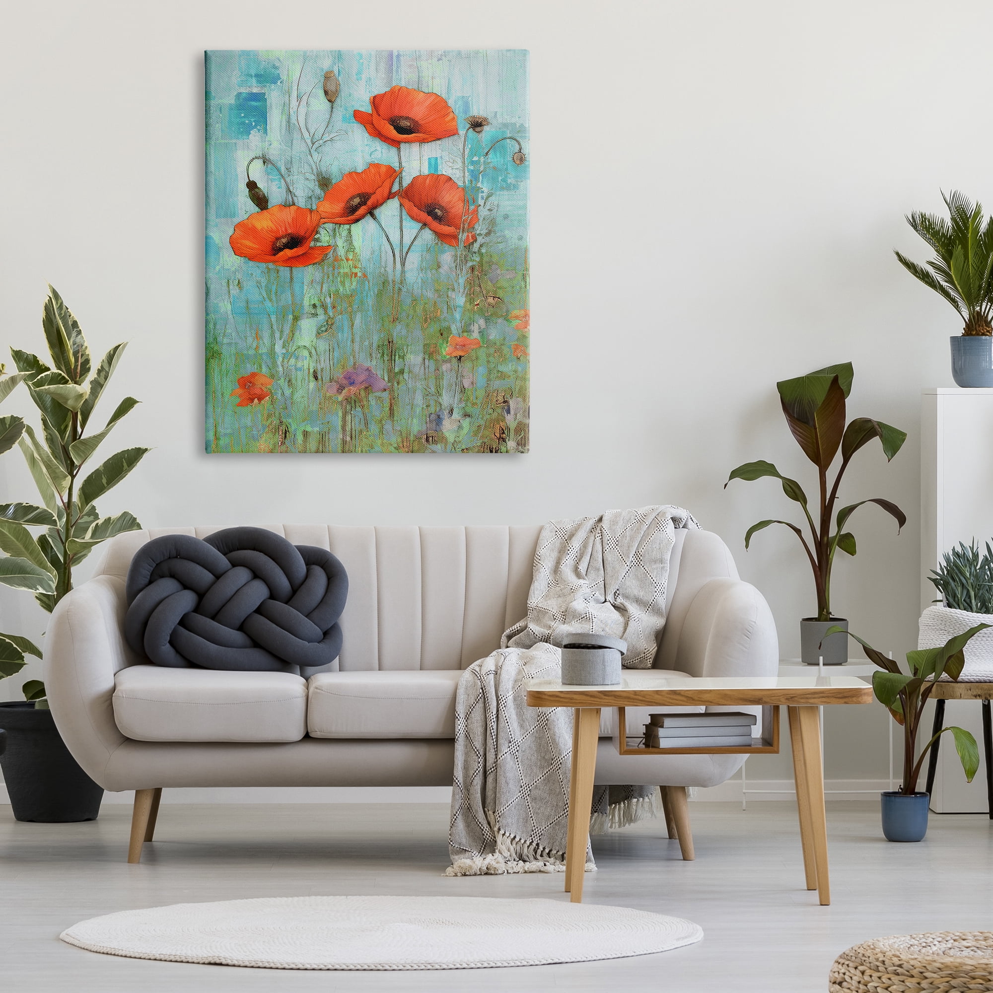 Stupell Industries Poppy Meadow on Blue Botanical & Floral Painting Gallery Wrapped Canvas Art Print Wall Art, 36 x 48