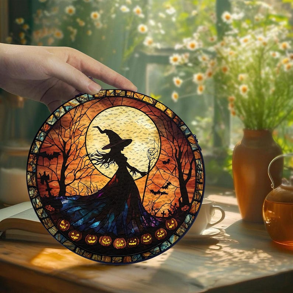 Halloween Witch & Moon Stained Glass Suncatcher, Spooky Window Hanging Decor