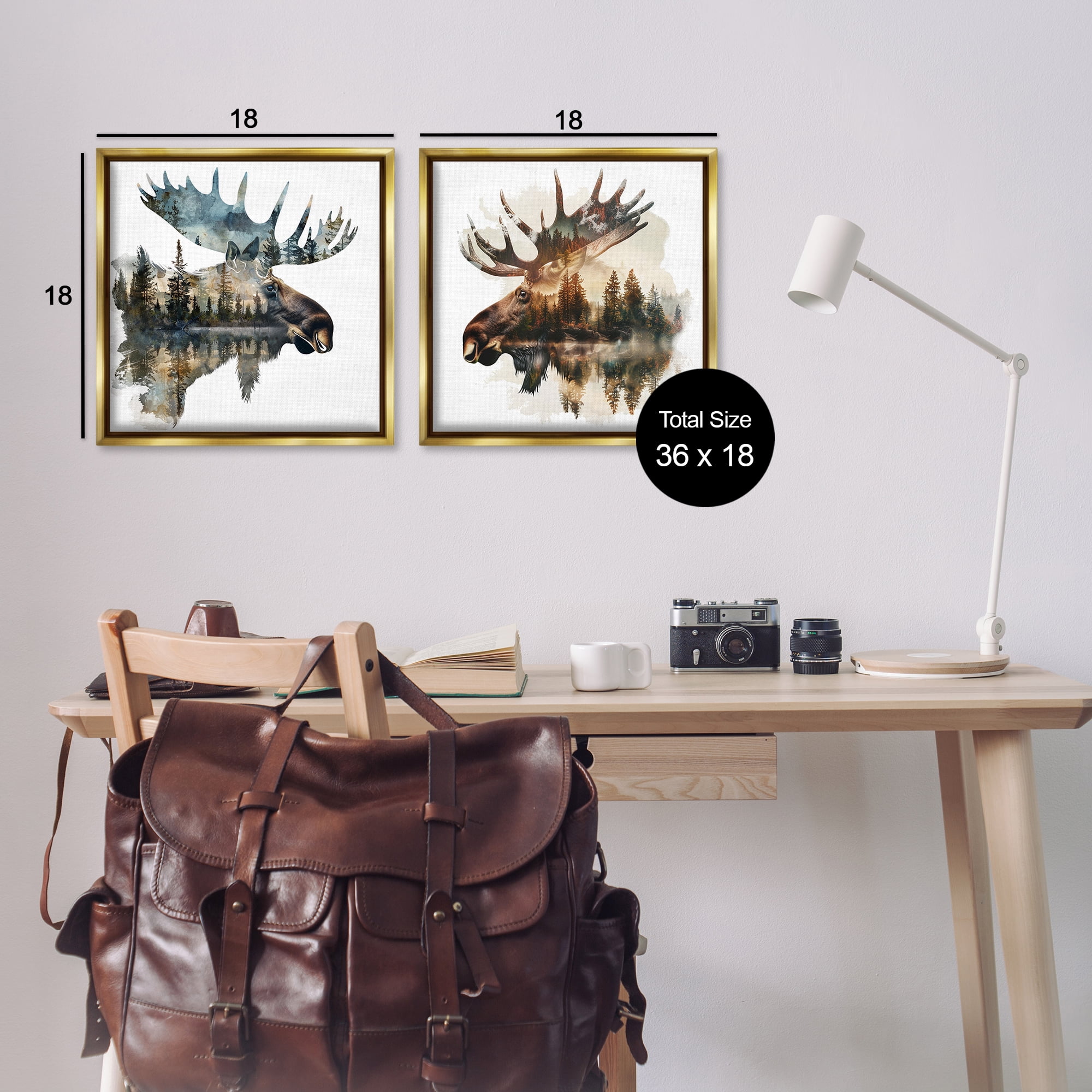 Stupell Industries Woodland Moose Forest Silhouettes Animals Painting Gold Floater Framed Canvas Art Print Wall Art, 18 x 18, Set of 2