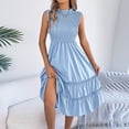thumbnail image 5 of Women's Elegant Midi Tiered Dress Sleeveless Mock Neck Smocked Bodice High Waisted A-Line Swing Dress Flowy Lightweight Flattering Dress for Wedding Guest Party Date, 5 of 8