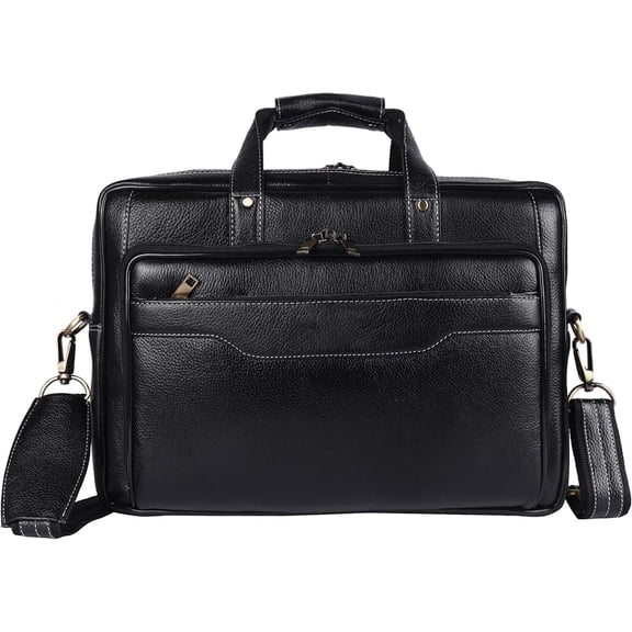 Premium Vintage Leather Laptop Briefcase for Men, Business Work Bag with Shoulder Strap, Multi-Compartment Messenger Bag - Black
