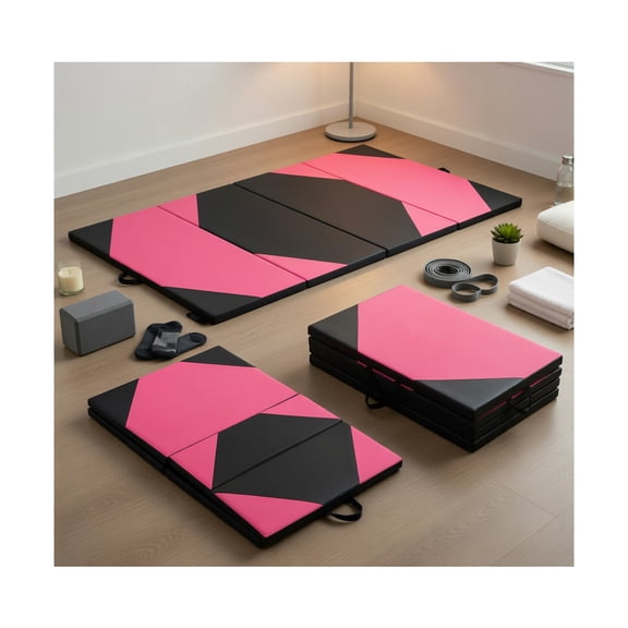 Topcobe 10' x 4' x 2" Folding Exercise Mat with Hook and Loop Fasteners, Easy to Clean Gym Mat, Gymnastics Equipment for Activity Play, Black & Pink