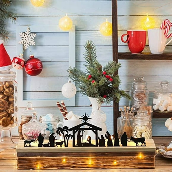 QIPOPIQ Sets Nativity Scene Nativity Christmas Indoor Black Metal Nativity Set With Wood Winter Base People Nativity Set Tree Gift Clearance Nativity Christmas Table Decoration Christmas Decoration