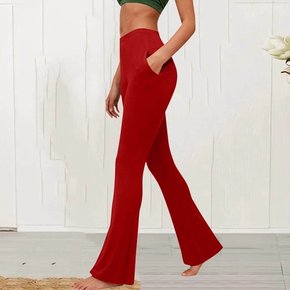 Flare Leggings for Women High Waisted Flared Yoga Pants Casual Active Stretch Trousers with Pockets Red L