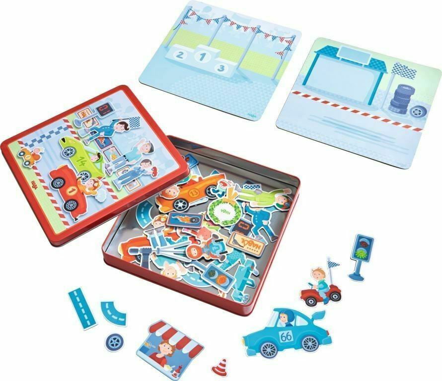 HABA Zippy Cars Magnetic Game Box with 4 Background Scenes in Storage Tin 301948