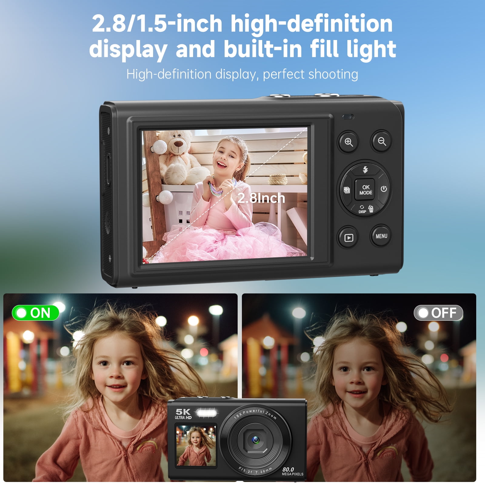 XLURC 5K 80MP Digital Camera for Photography Wifi Dual Screen Vlogging Camera for Youtube Autofocus Travel Camera 18X Digital Zoom with 32GB Card & 2x Battery (Black)