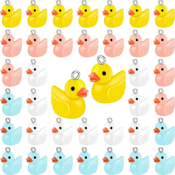 DESIGNICE 40 Pcs Mini Resin Duck Charms Pendants Findings Beads for Women Adult Jewelry Making Diy Bracelet Necklace Earrings Keychain Crafts Gifts Party Favors(Yellow, Blue, Pink, White)