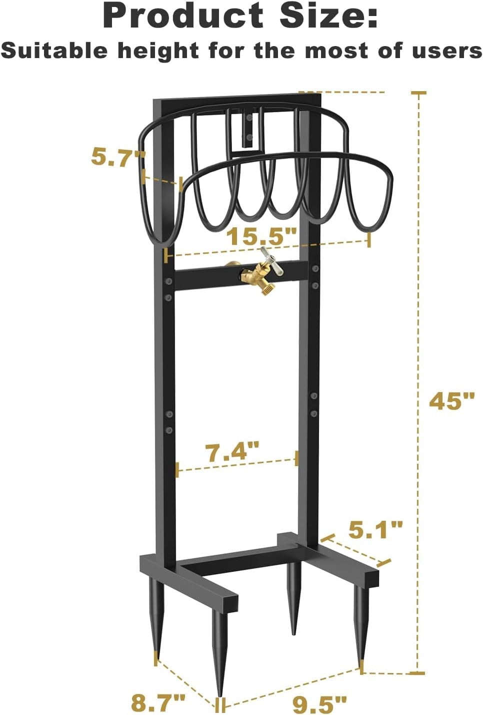 Outdoor Garden Hose Holder Freestanding with Brass Faucet And 4 Spikes, Heavy Duty Metal Water Hose Reel Stand Hanger Rack Organizer Holds Storage 150ft Hose for Outside Yard Lawn, Black