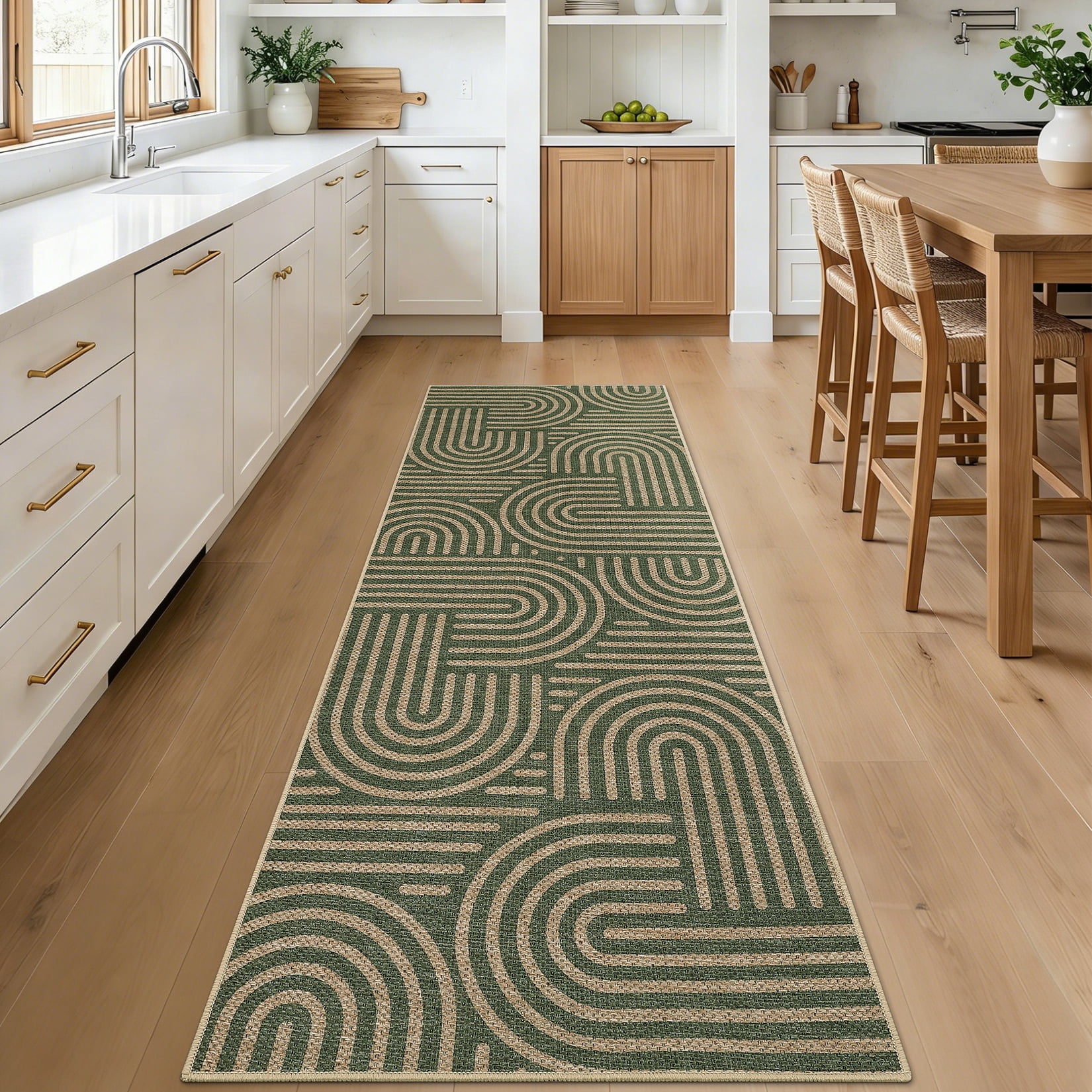 Garvee 2'x6' Geometric Runner Rug Easy Jute Carpet, Abstract Washable Rug Rainbow Non Slip Indoor Outdoor Accent Rug for Hallway Bedroom Kitchen, Green