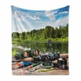 thumbnail image 1 of Hunting Soft Flannel Fleece Blanket, Fishing Tackle on a Pontoon Lake in the Woods Trees and Greenery Freshwater Hobby, Cozy Plush for Indoor and Outdoor Use, 70" x 90", Multicolor, by Ambesonne, 1 of 6