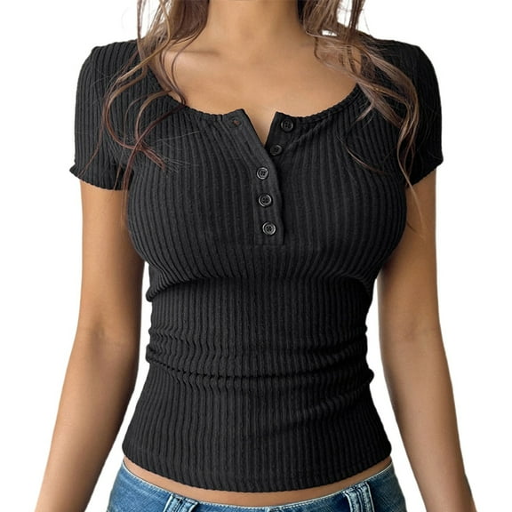 DuoJiaJ Women's Spring And Summer Solid Color Button Square Neck Short Sleeved Casual T Shirt Top Women’s Crop Tops Black