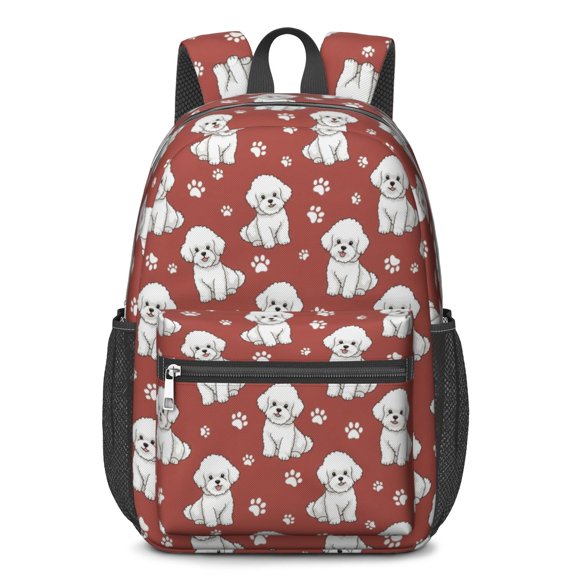 Bichon Frise and Dog Paw Print 17" School Backpacks for Teens,Waterproof Oxford Fabric,S-Shape Padded Straps for School,Travel,Hiking,Camping