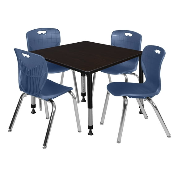 Regency Kee 42" Square Height Adjustable Classroom Table - Mocha Walnut & 4 Andy 18-in Stack Chairs- Navy Blue