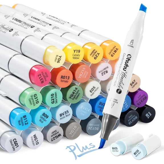 Ohuhu Brush Markers 36-color: Supreme Brush& Chisel Dual Tips Alcohol-based Art Marker Set for Artist Adult Coloring Book Illustrations-Honolulu Plus- Refillable