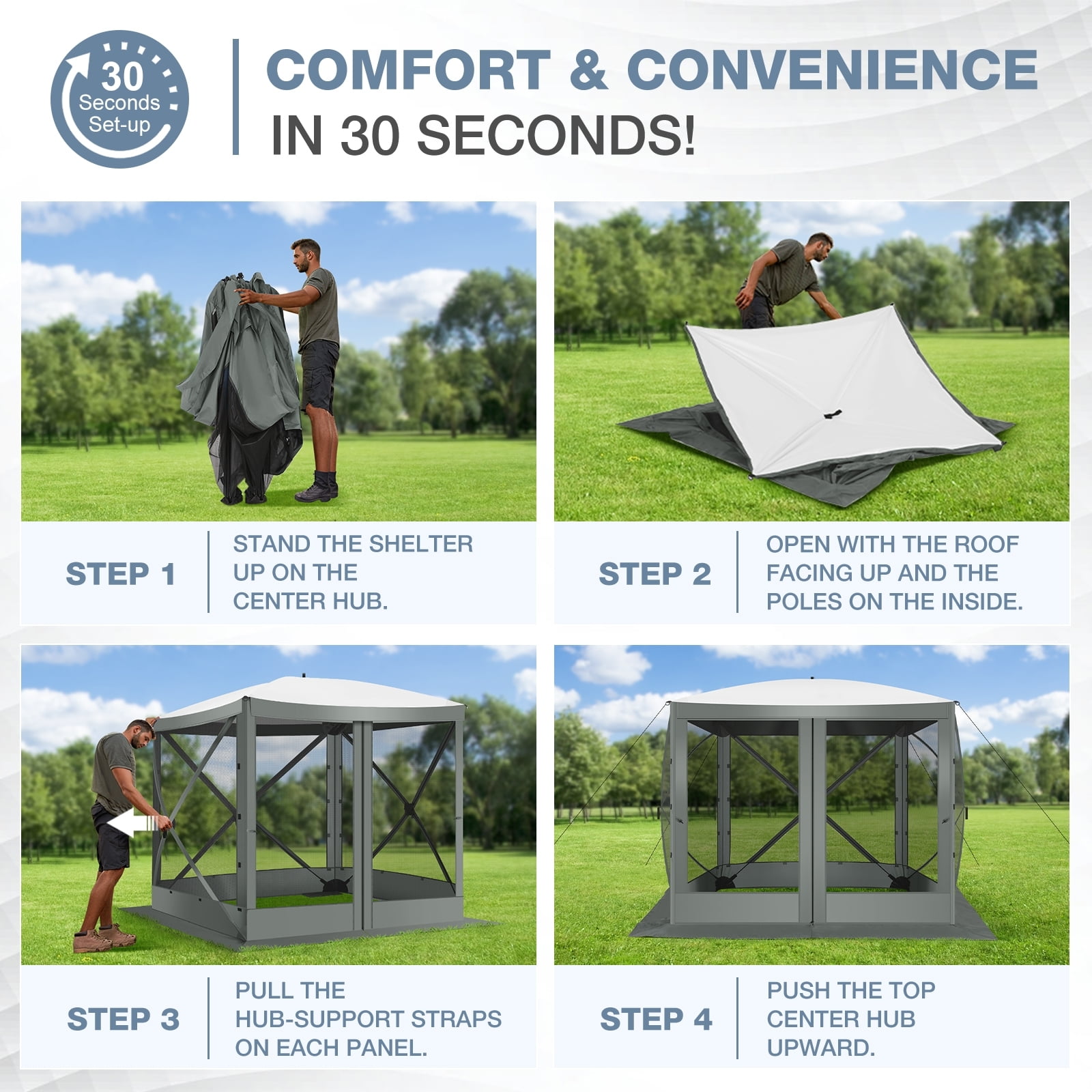 COBIZI 8x8 Pop up Gazebo, Ez up Screen Tent, Portable Outdoor Canopy Sun Shelter with Carry Bag & Ground Stakes for Camping, Garden and Picnics, Gray