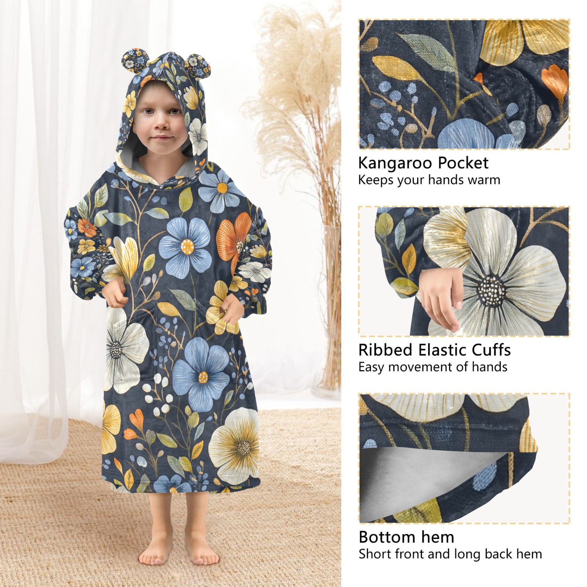 FORMRS Wearable Blanket Hoodie with Sleeves for Kids Cozy Flannel Sweatshirt, Navy Floral Pattern