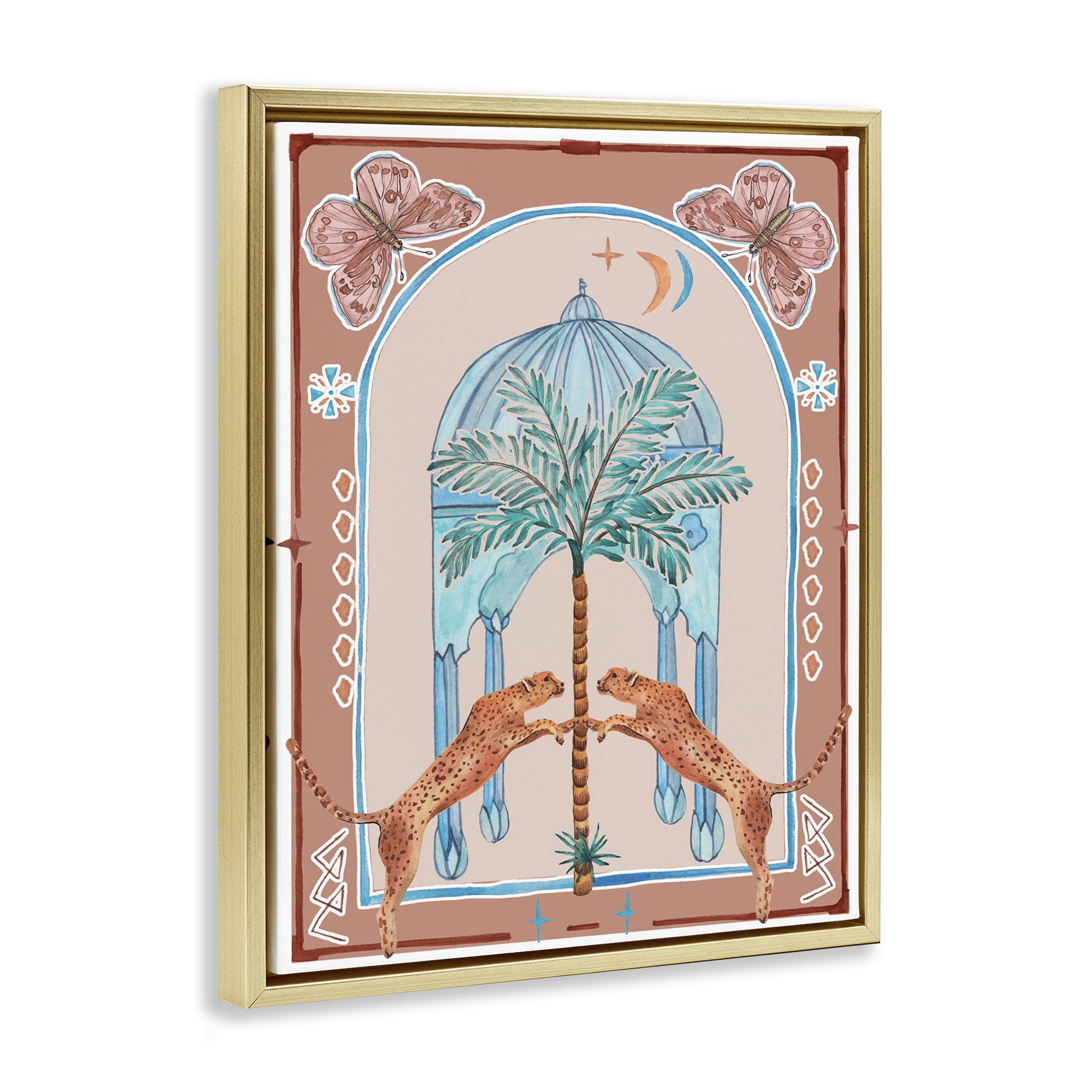 Stupell Industries Traditional Leopards & Palm Tree Animals & Insects Painting Gold Floater Framed Canvas Art Print Wall Art, 17 x 21
