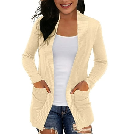 

Womens Sweaters Cardigan Soft Elegant Comfy Knit Solid Color With Pockets Open Front Cardigan Yellow Xxl