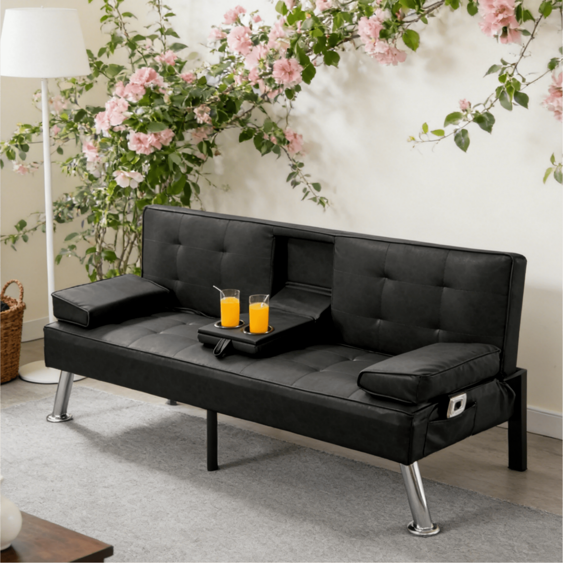 BSHTI 69.49" Convertible Futon Sofa Bed with Drop Down Cup Holders, 5-Position Adjustable Backrest, Side Storage Pocket, Removable Arm Cushions for Small Space,Black