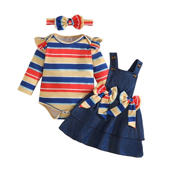 XAOFW Girls Outfits Long Sleeve Striped Romper Bodysuit Bowknot Suspender Skirts Headband 3 Piece Casual Sets Versatile Clothing Sets 9-12 Months