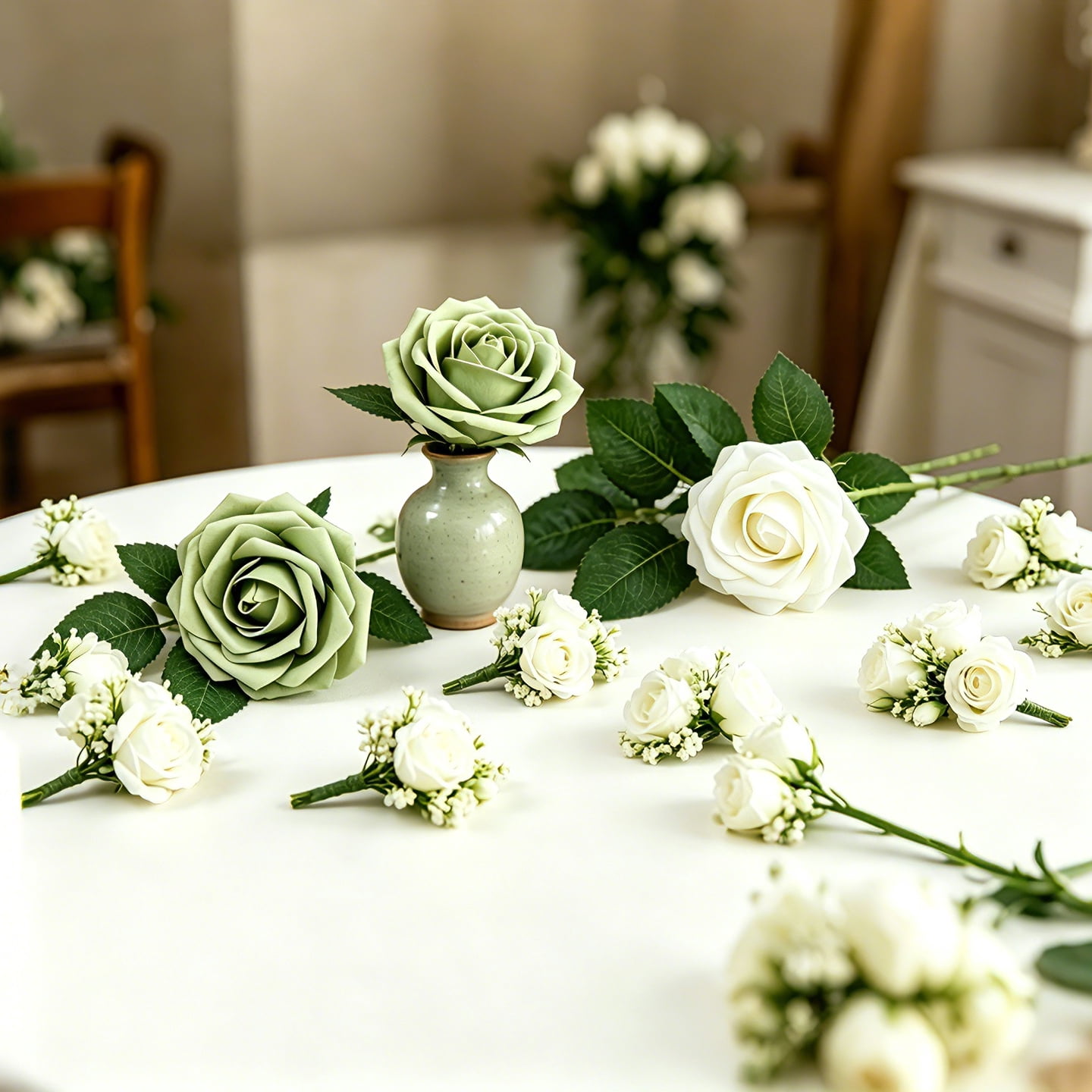25Pcs Sage Green and White Artificial Foam Flowers with Stems, Fake Roses for DIY Wedding Bouquets, Centerpieces, Bridal Shower & Home Decor