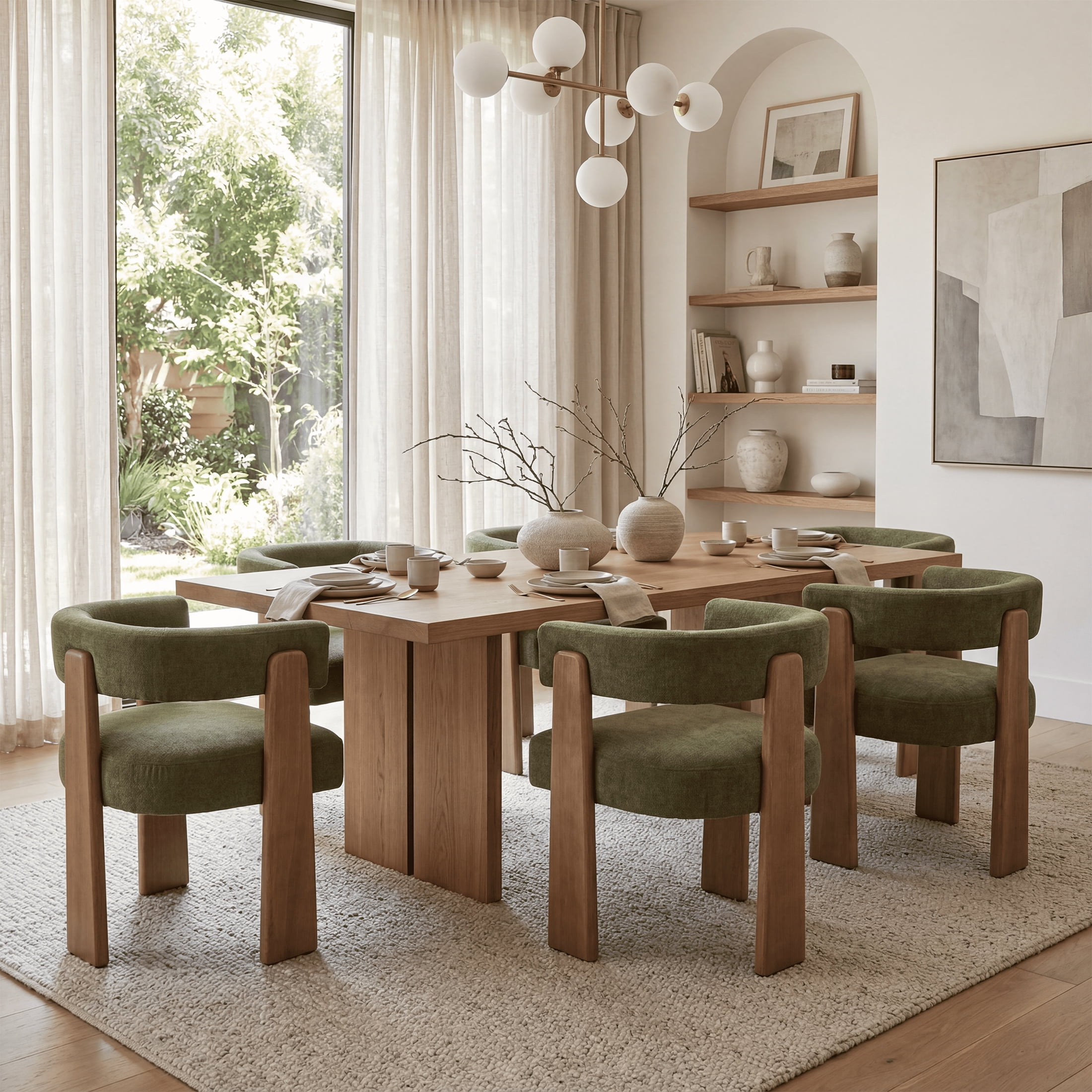 Guyou Barrel Dining Chairs Set of 4, Modern Linen Upholstered Dining Room Chairs with Curved Back, Farmhouse Wooden Accent Side Armchairs for Dining Room, Living Room, and Kitchen, Green