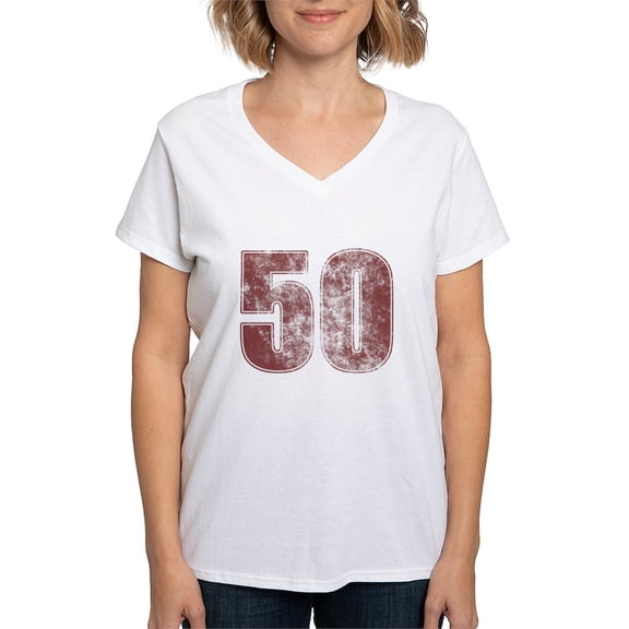 CafePress - 50Th Birthday Red Grunge Women's V Neck T Shirt - Womens Cotton V-Neck T-shirt