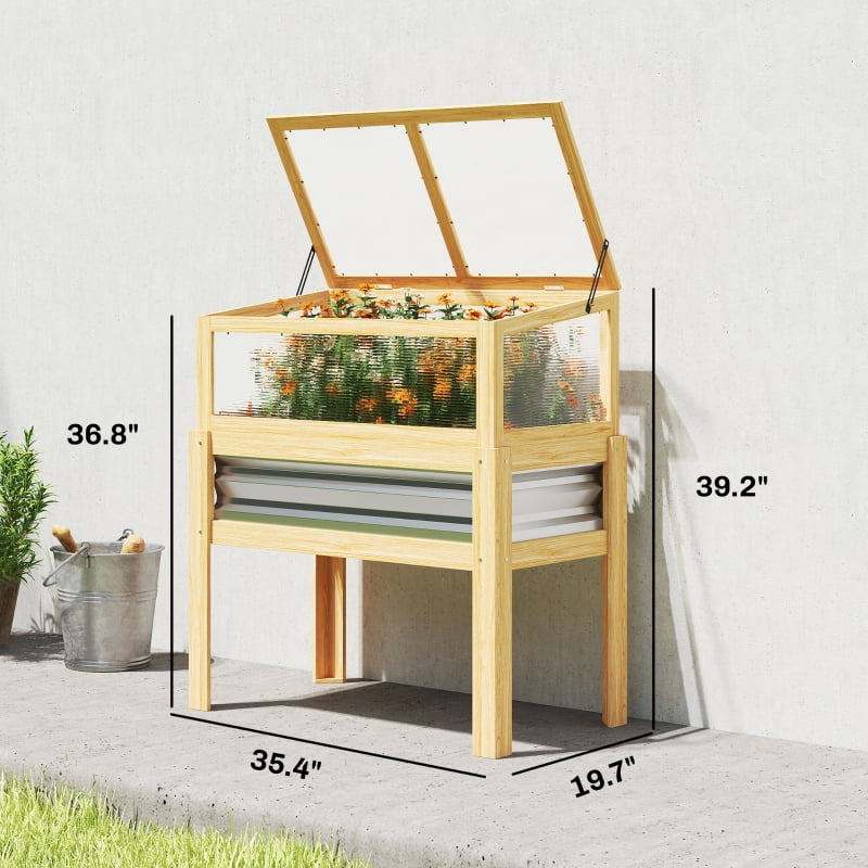Alvantor Natural Wood 35.4"x 19.7"x39.2"Elevated Raised Planter with Flip-Up Greenhouse Cover