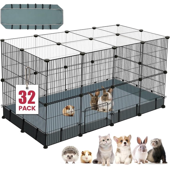 32 Panels Small Animal Playpen,Pet Playpen with Waterproof Mat,C&C Cage for Guinea Pigs,Puppy Play Pen,Bunny Playpen