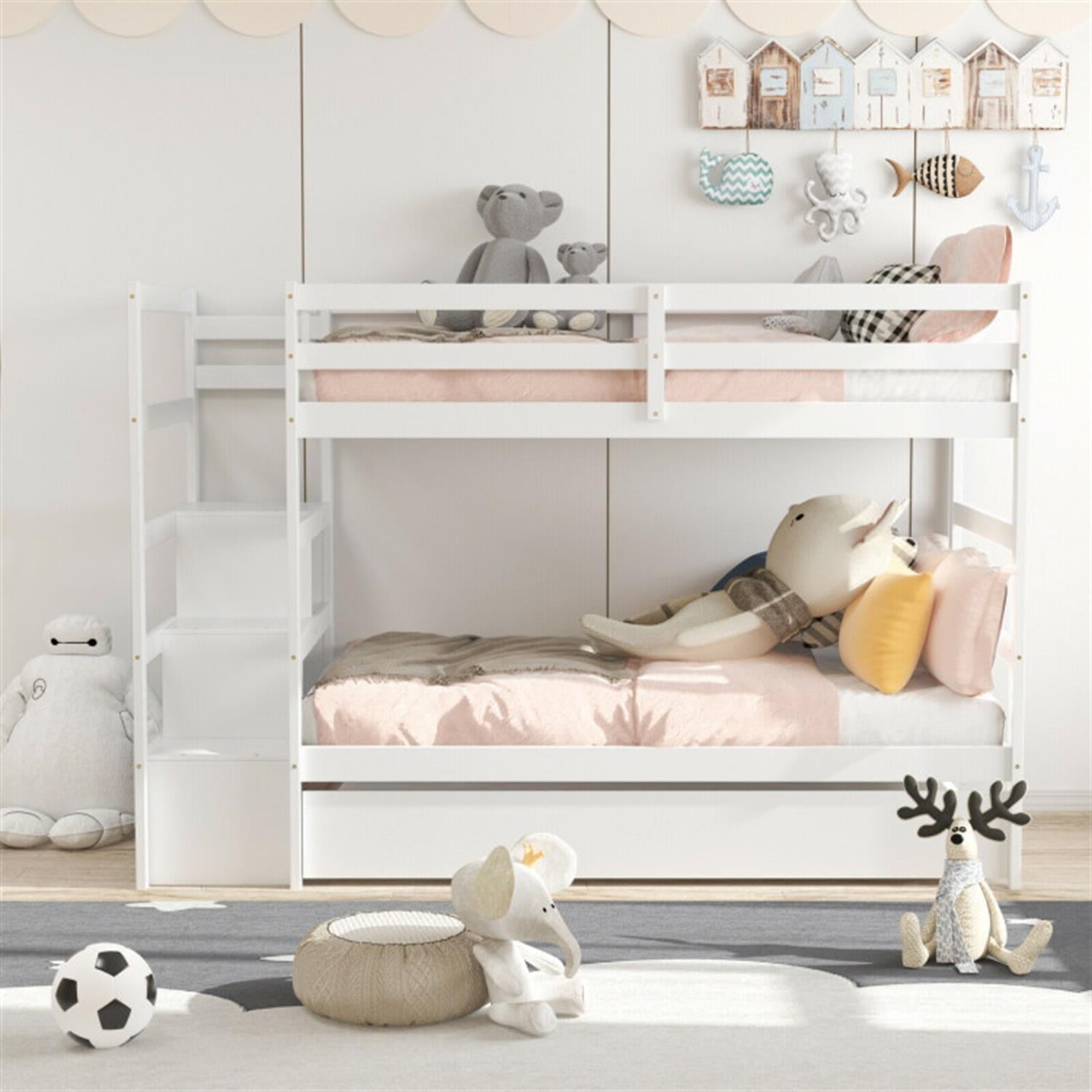Demi Bonn Twin Pull-Out Bunk Beds with Ladder in the Steps and a Trundle, Bunk Bed Platform with Storage Shelf and Drawer, White