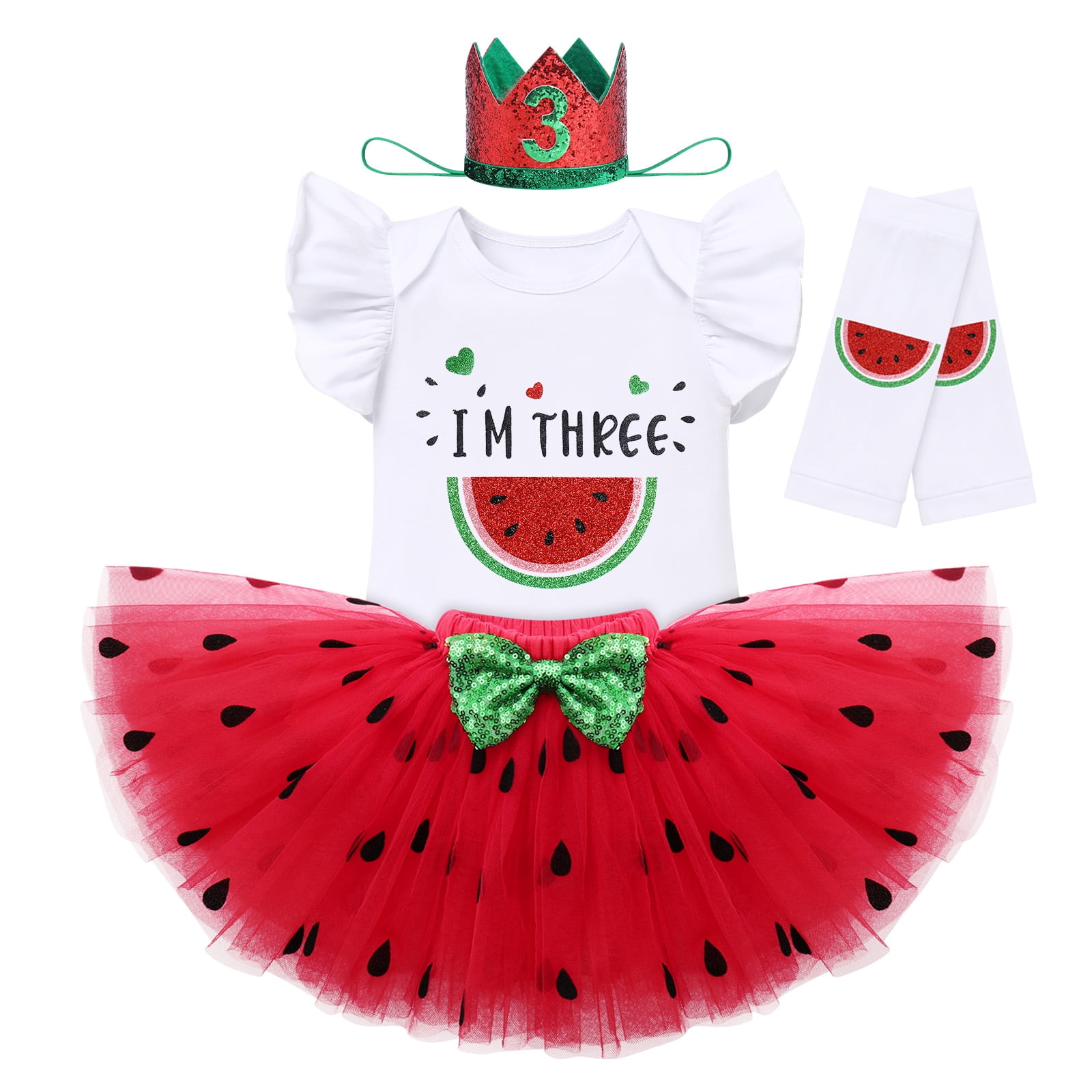 IBTOM CASTLE Baby Girls Watermelon 1st/2nd Birthday Outfit Princess Ruffle Romper Tutu Skirt Leggings Headband 4pcs Clothes Set 36 Months Red-I'm Three