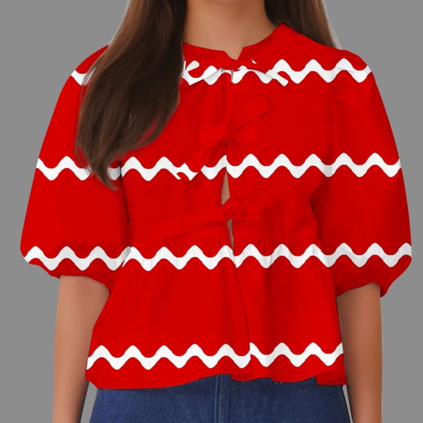 Fiudx Ropa de Mujer Top de Camiseta con Cuello Redondo y Manga Farol Plisada con Lazo para Mujer