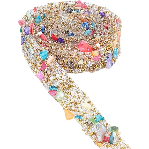 Yellow 20mm Wide Glass Hotfix Rhinestone Beaded Trim Gemstone & Seedbeads Chips Iron On Applique Metal Chain Sewing Accessories for Clothes Bag Shoes Wedding Party Decoration DIY