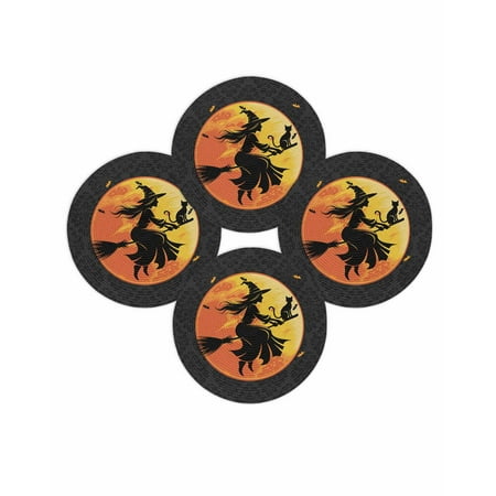 Halloween Round Placemats Set of 4 Witch Riding Broom Place Mats Washable Woven Placemat Black Cat Bat Moon Pumpkin Circle Braided Table Mat for Kitchen Dining Table Holiday Party Home Decor 15 Inch