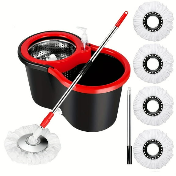 Spin Mop & Bucket Set, 360° Self-Wringing, 4 Microfiber Pads, 44" Stainless Steel Handle for Home Floor Cleaning