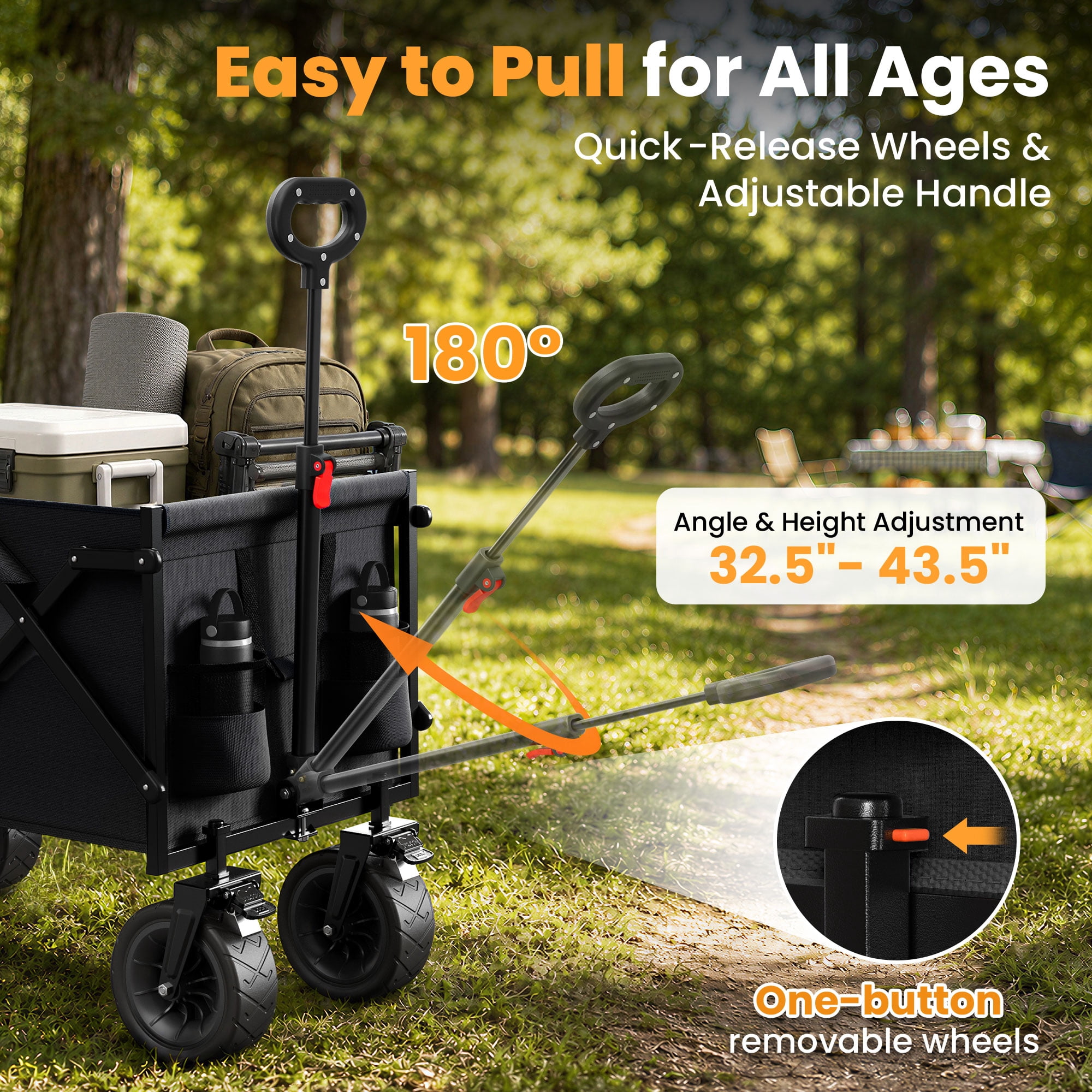 Goosiay Collapsible Wagon Cart, 580lbs Heavy Duty Utility Cart, 170L Large Capacity Folding Garden Wagon with All-Terrain Brake Wheels for Grocery, Shopping, Garden, Sports, Camping, Black